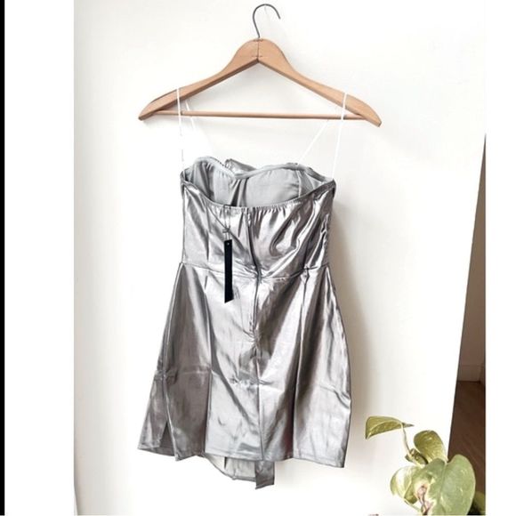 NEW Symphony Dress Strapless Mini Metallic Chrome Silver S - Picture 6 of 13
